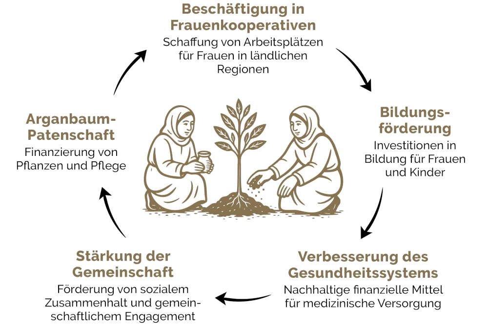 Sozioökologische Wirkungen des Arganbaums als Infografik mit Illustrationen